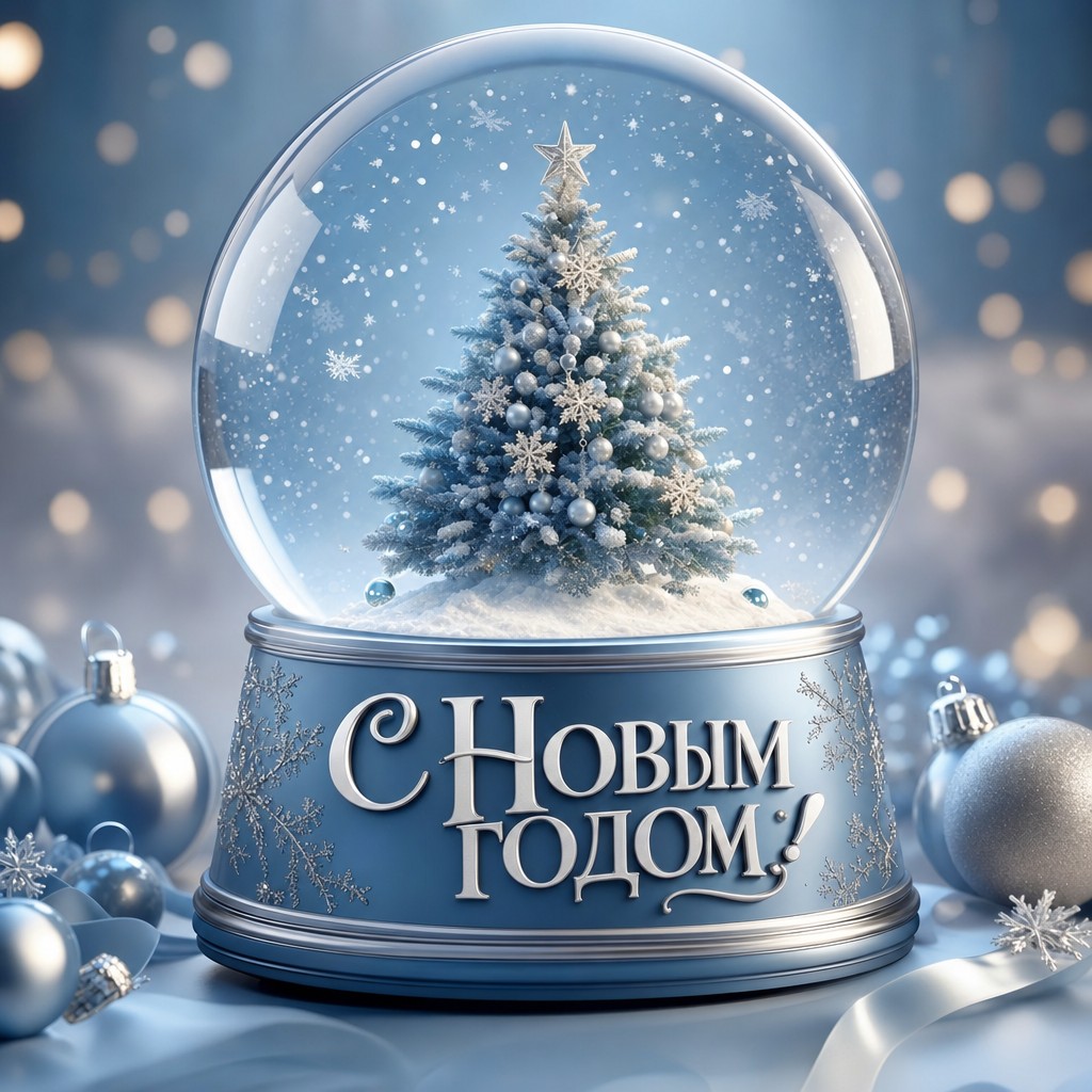Современная открытка на Новый год со снежным шаром, елкой внутри и ледяной голубой палитрой.