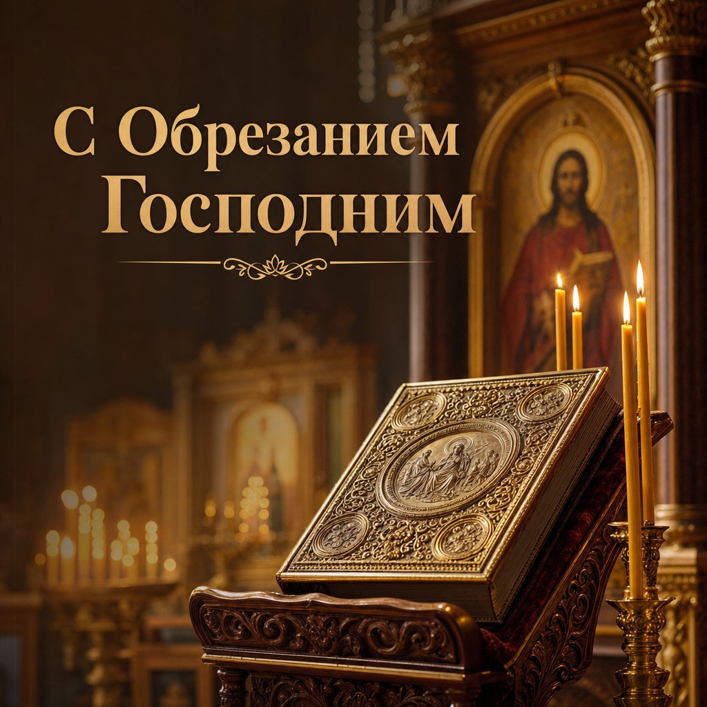 Тёплая православная открытка на Обрезание Господне с Евангелием, свечами и храмовым светом.