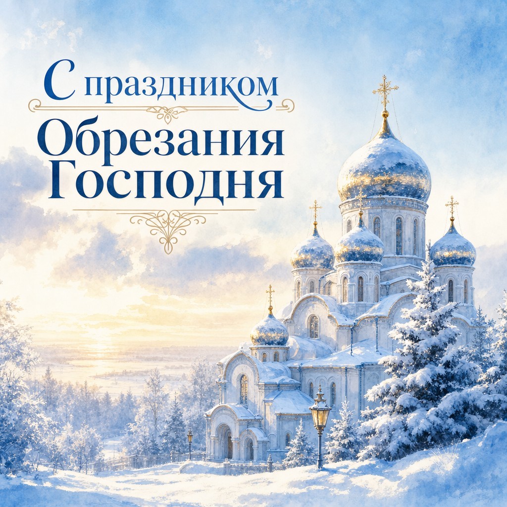 Светлая акварельная открытка на Обрезание Господне с заснеженным православным храмом.