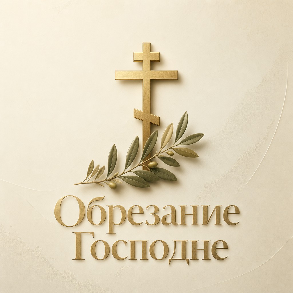 Минималистичная открытка на Обрезание Господне с золотым православным крестом и оливковой ветвью.