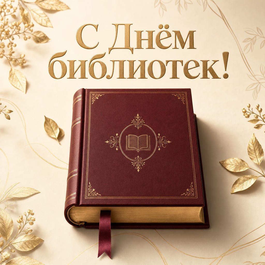 Стильная открытка ко Дню библиотек с бордовой книгой, золотыми деталями и премиальным настроением.