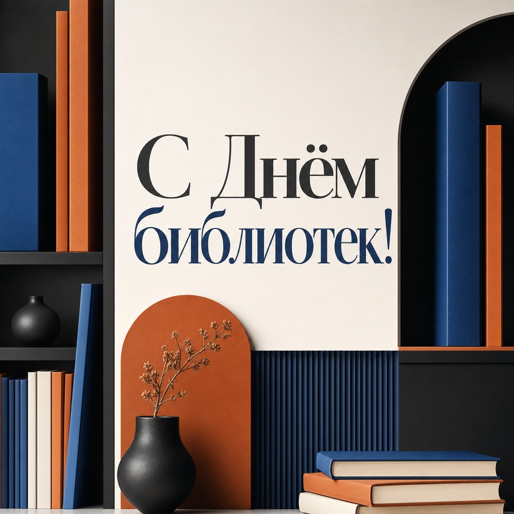 Графичная открытка ко Дню библиотек с ритмом книжных корешков и современной композицией.