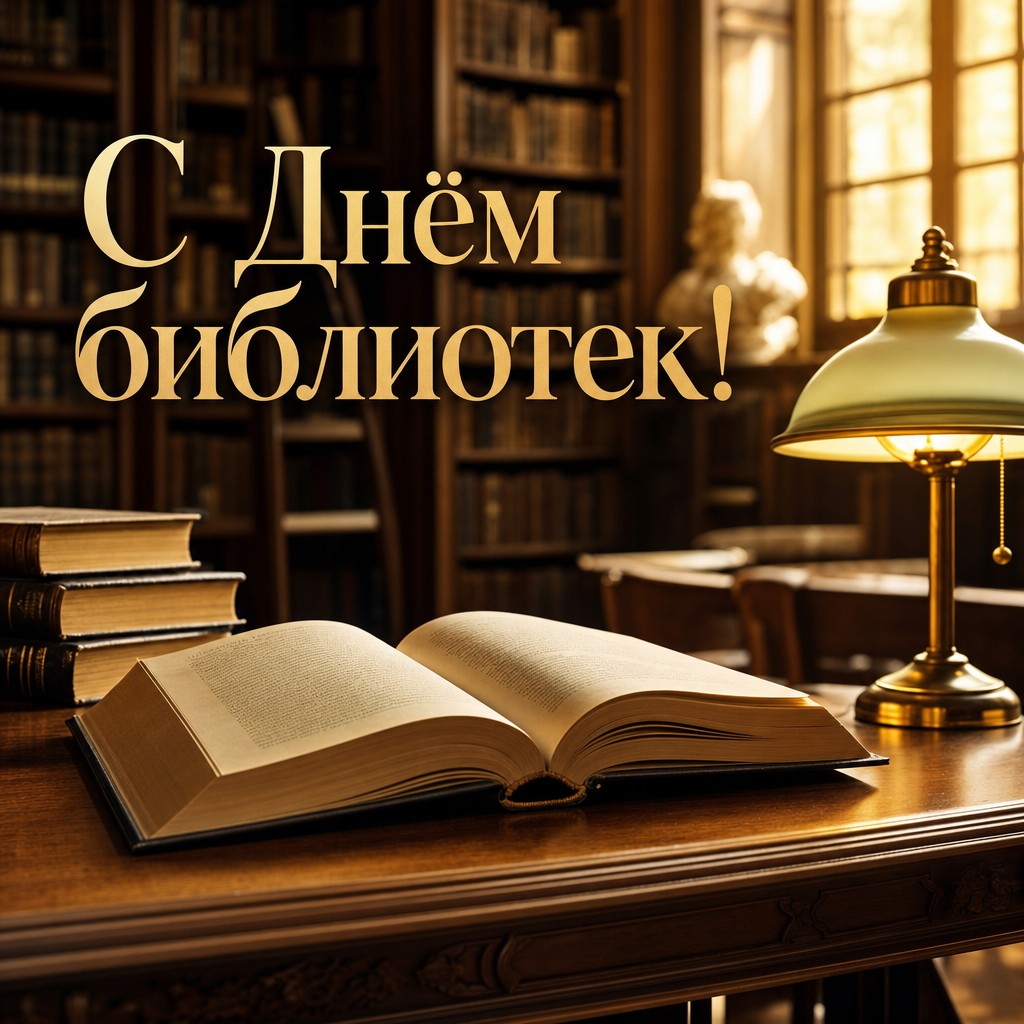 Премиальная открытка ко Дню библиотек: открытая книга, тёплый свет и уют читального зала.