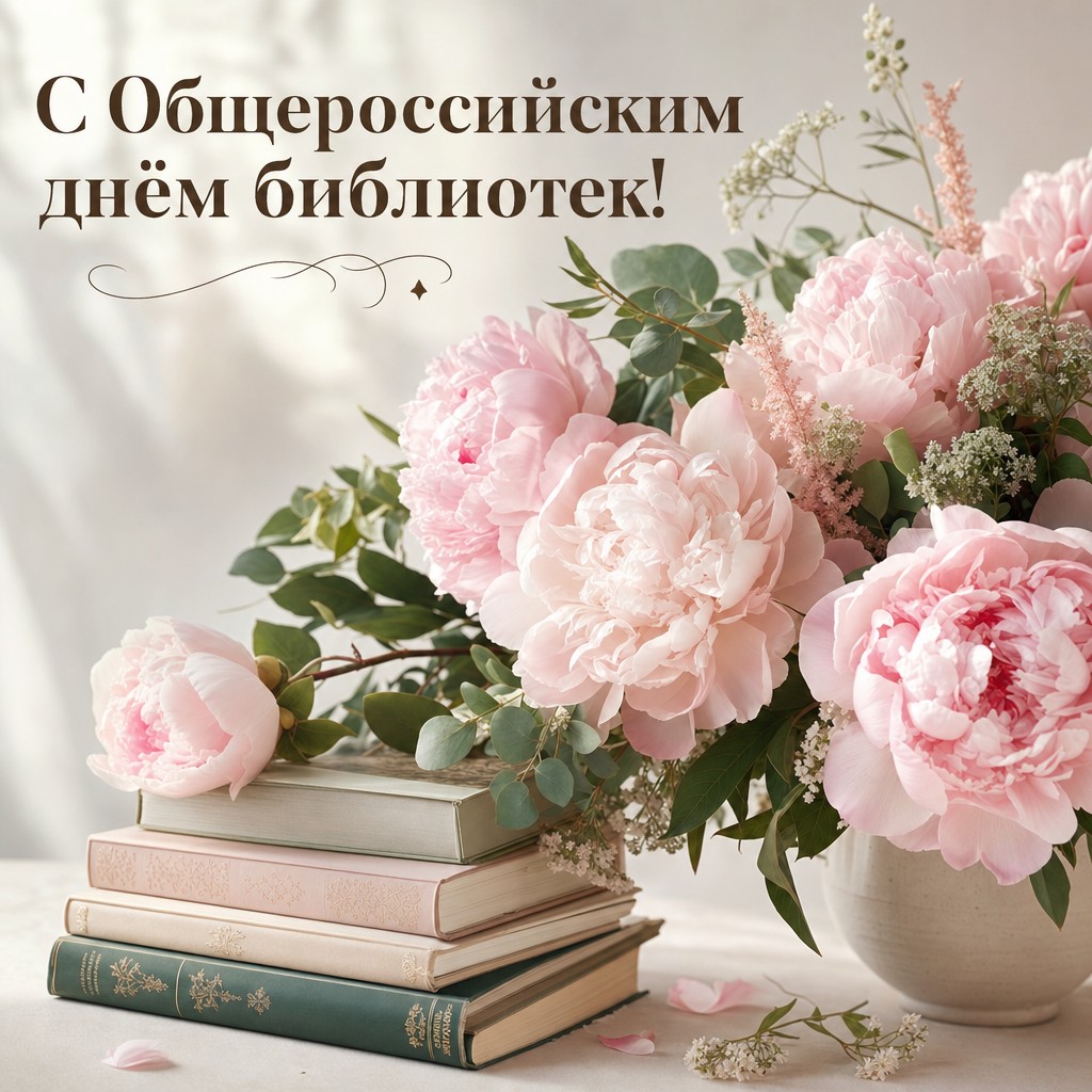 Нежная открытка на Общероссийский день библиотек с реалистичными пионами и книгами.