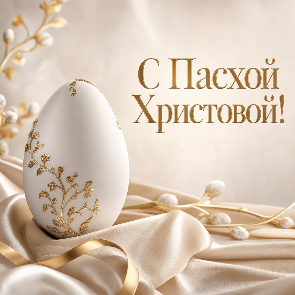 Премиальная пасхальная открытка с белым фарфоровым яйцом и мягким золотым светом.