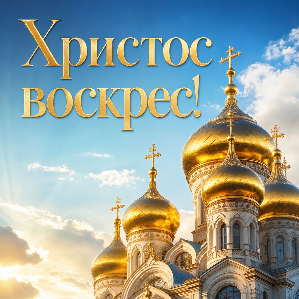 Светлая открытка на Пасху Христову с золотыми церковными куполами и голубым небом.