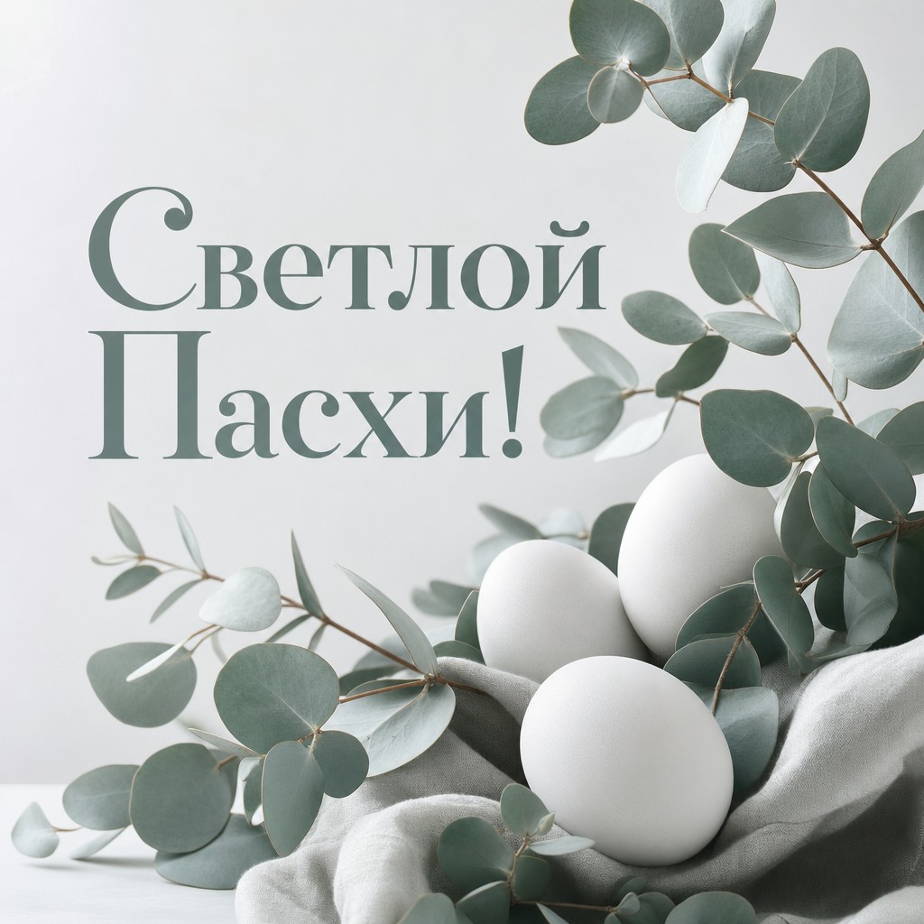 Лаконичная пасхальная открытка с эвкалиптом, белыми яйцами и свежей серебристо-зелёной палитрой.