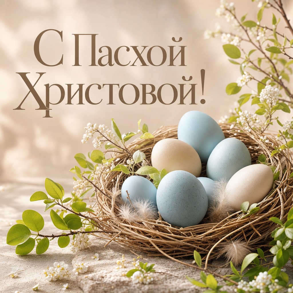 Нежная открытка к Пасхе Христовой с весенним гнездом, светлыми яйцами и мягким фоном.