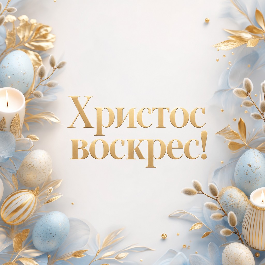 Современная пасхальная открытка с лаконичными символами праздника и золотыми деталями.