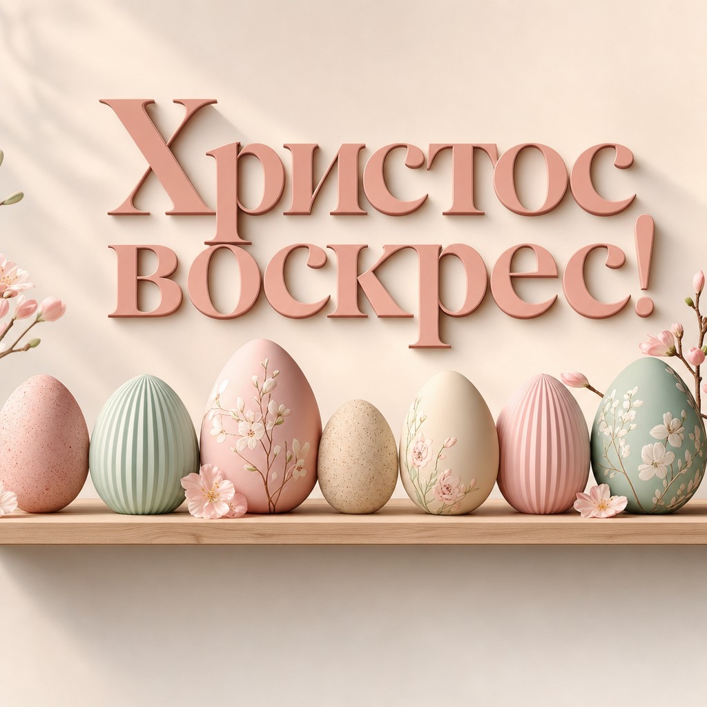 Современная 3D-открытка к Пасхе Христовой с пастельными яйцами на деревянной полке.