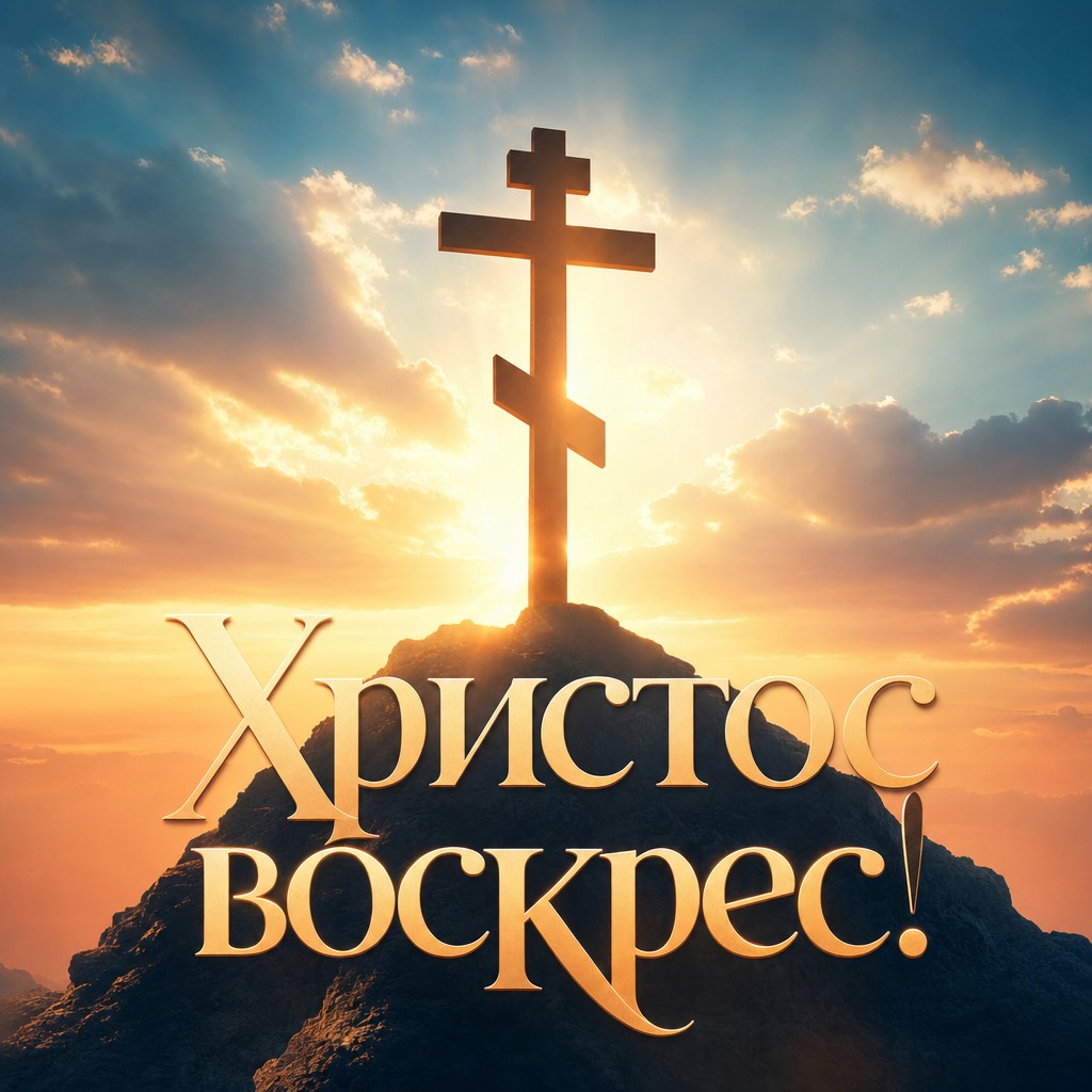 Торжественная пасхальная открытка с православным крестом, рассветом и золотым сиянием.