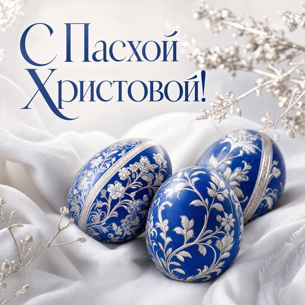 Элегантная открытка к Пасхе Христовой с синими расписными яйцами и серебристым акцентом.