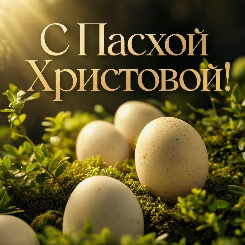 Атмосферная пасхальная открытка с яйцами среди зелёного мха и мягким солнечным лучом.