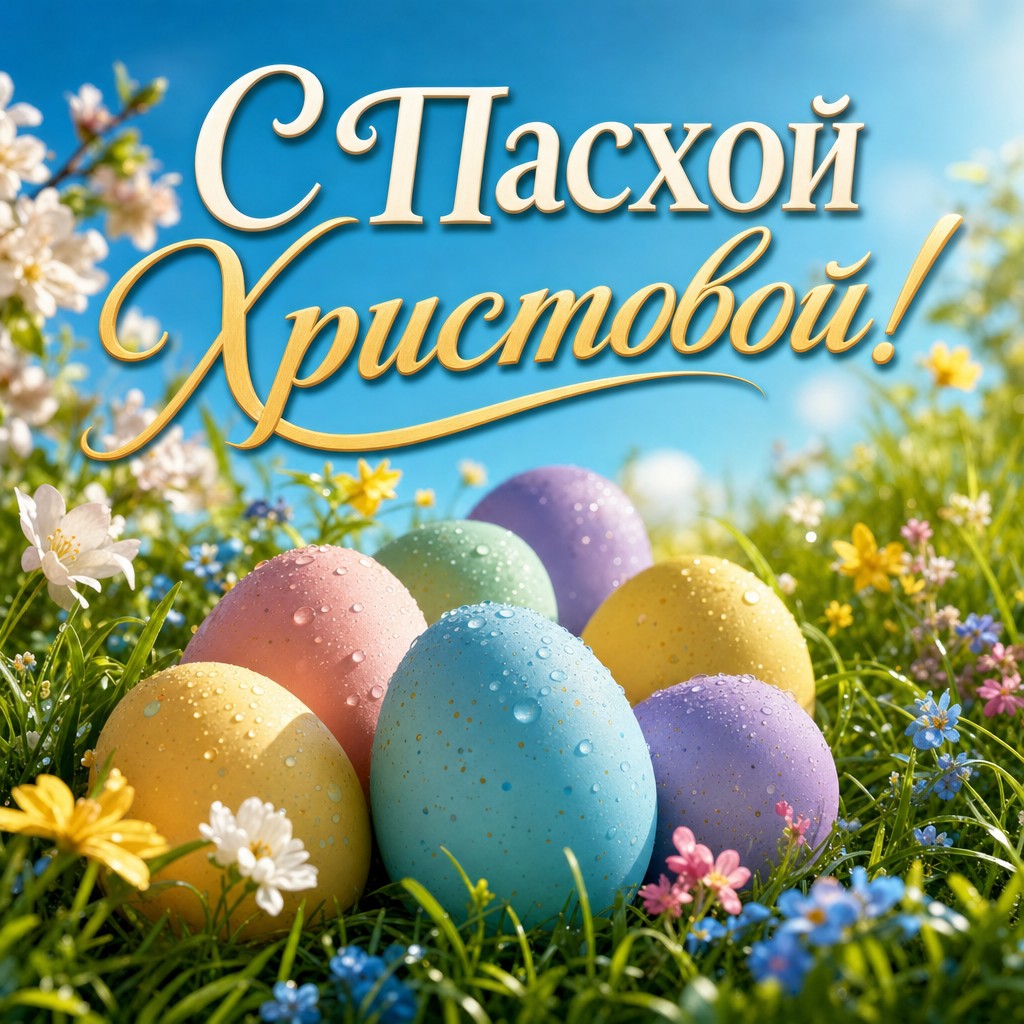 Яркая открытка к Пасхе Христовой с пасхальными яйцами в свежей весенней траве.