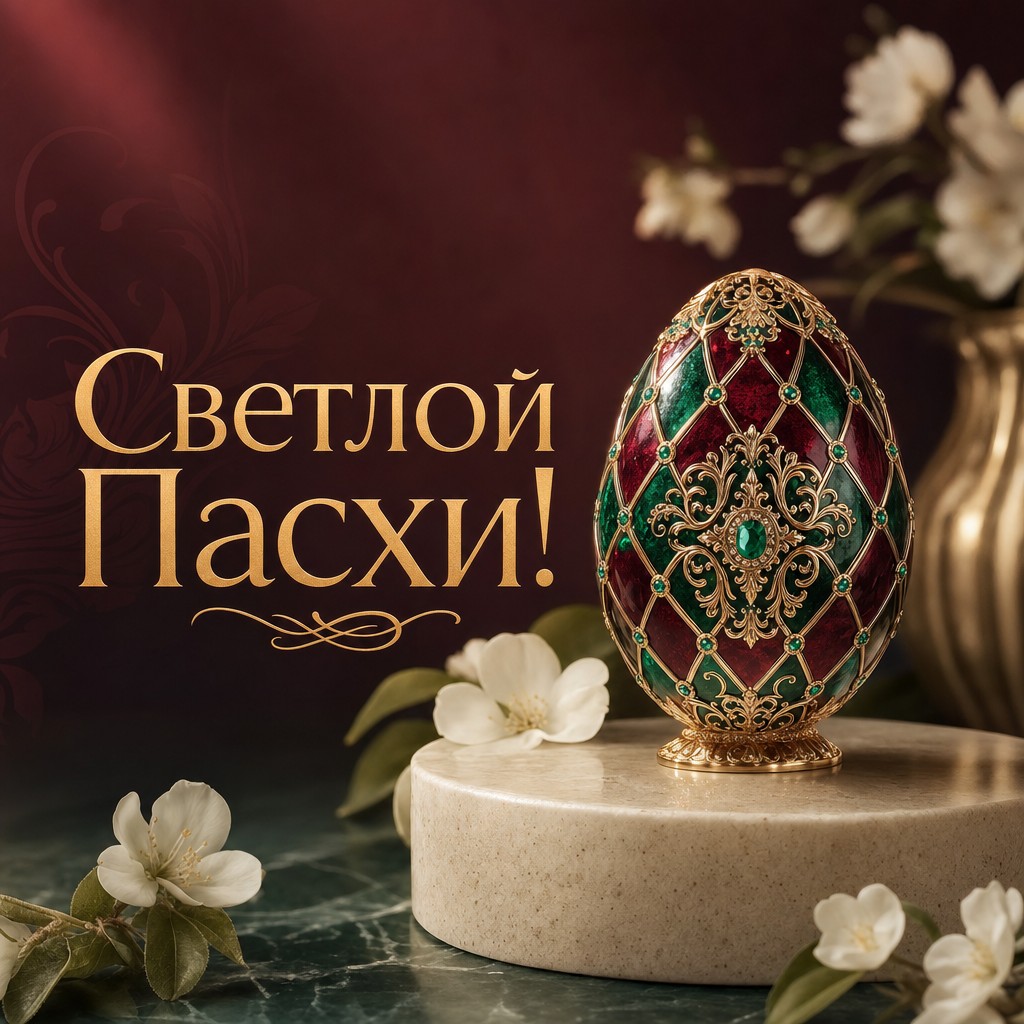 Роскошная пасхальная открытка с ювелирным декоративным яйцом в изумрудно-золотой палитре.