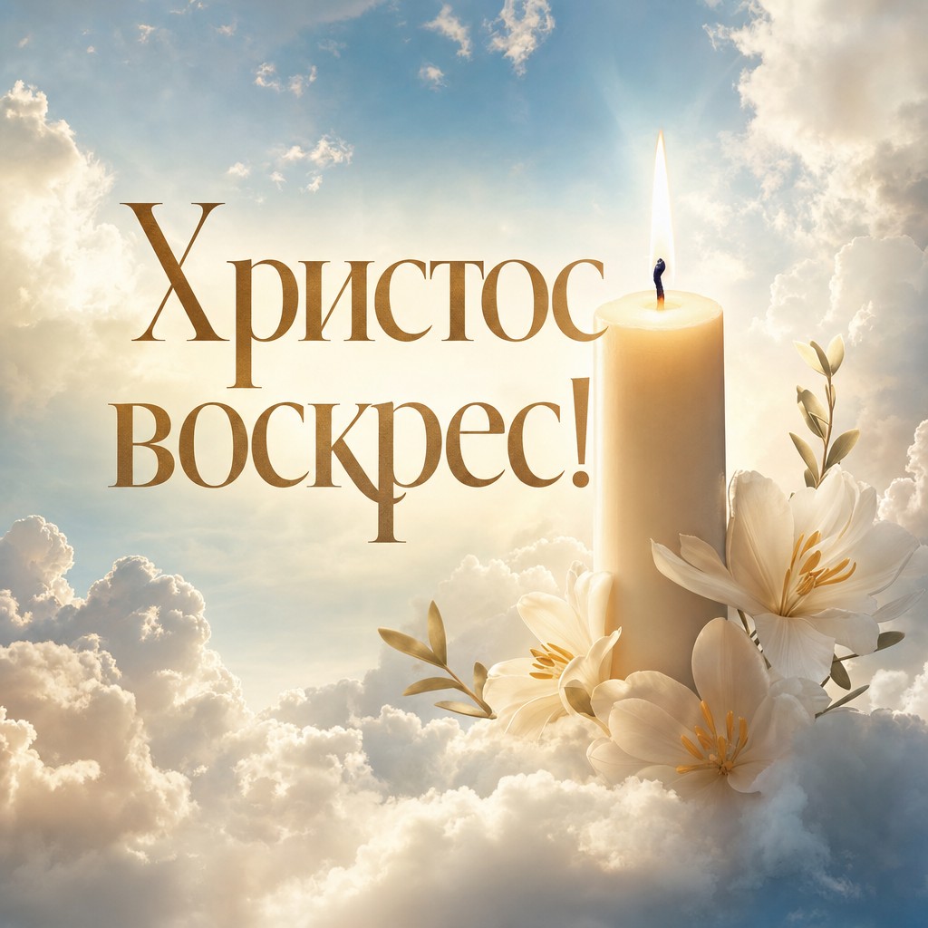 Светлая пасхальная открытка со свечой, воздушными облаками и золотистым сиянием.