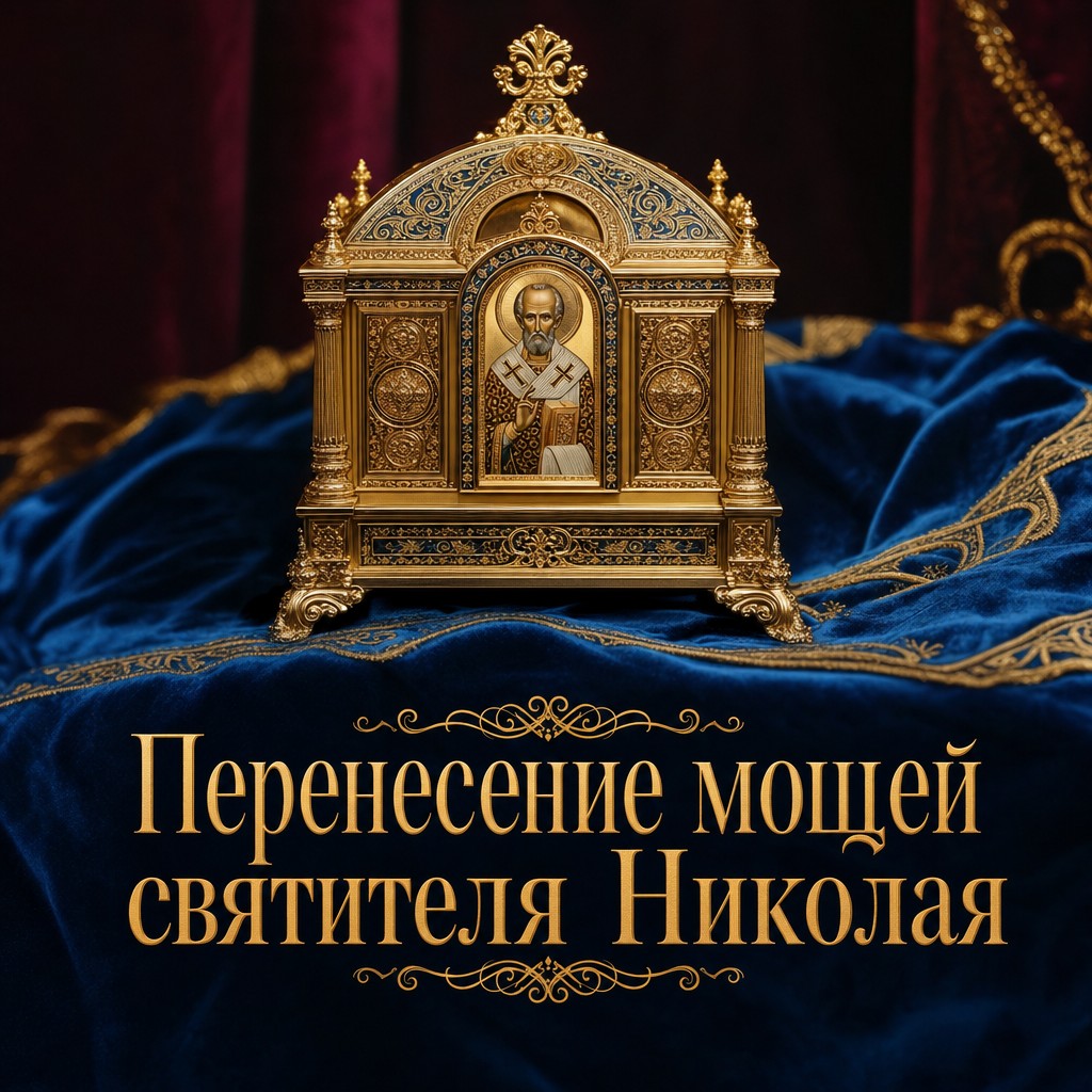Премиальная открытка на Перенесение мощей святителя Николая Чудотворца с золотым мощевиком на бархате.