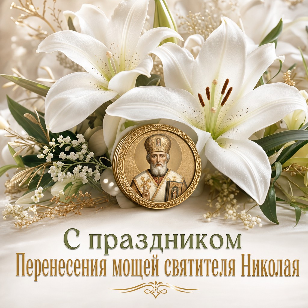 Светлая открытка на Перенесение мощей святителя Николая Чудотворца с белыми лилиями и святым образом.