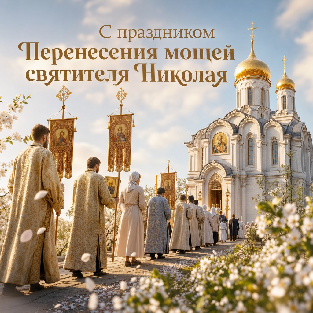 Праздничная открытка на Перенесение мощей святителя Николая Чудотворца с храмом и крестным ходом.