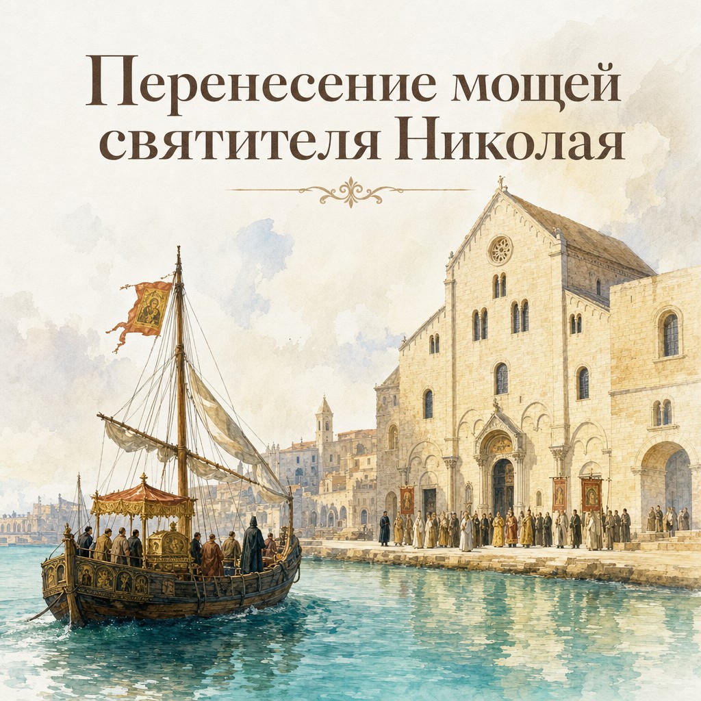 Акварельная открытка на Перенесение мощей святителя Николая Чудотворца с кораблём и базиликой в Бари.