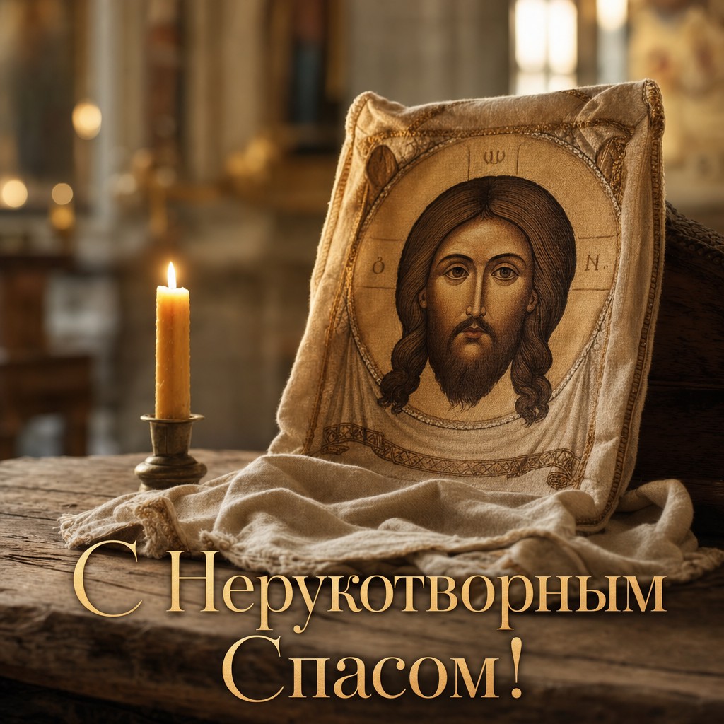 Премиальная открытка к Перенесению Нерукотворного Образа Господа Иисуса Христа с льняным платом и свечой.
