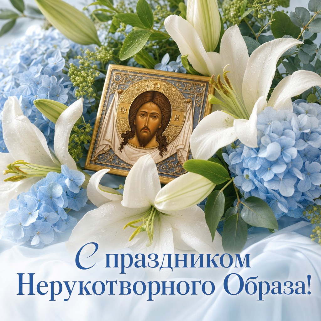 Нежная открытка к Перенесению Нерукотворного Образа Господа Иисуса Христа с иконой и белыми лилиями.