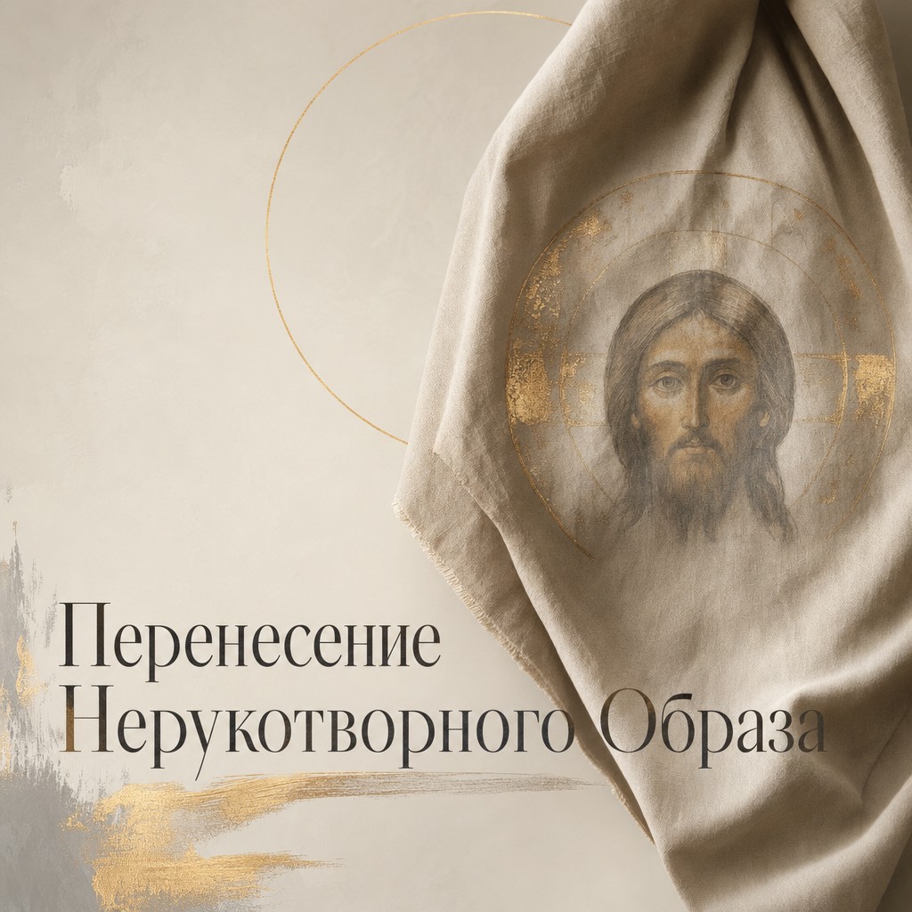 Современная открытка к Перенесению Нерукотворного Образа с золотым нимбом, льняной фактурой и чистым фоном.