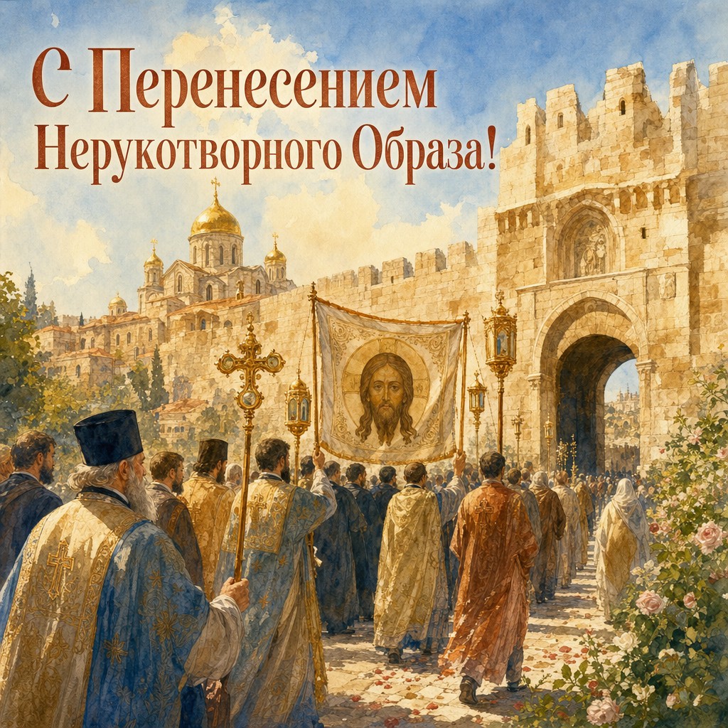 Акварельная открытка к Перенесению Нерукотворного Образа Господа Иисуса Христа с церковным шествием.