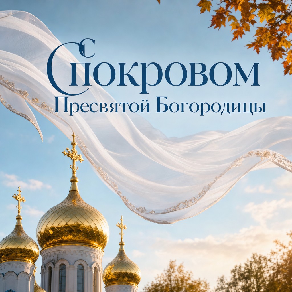 Светлая открытка на Покров Пресвятой Богородицы с белым покровом, золотыми куполами и теплым утренним сиянием.
