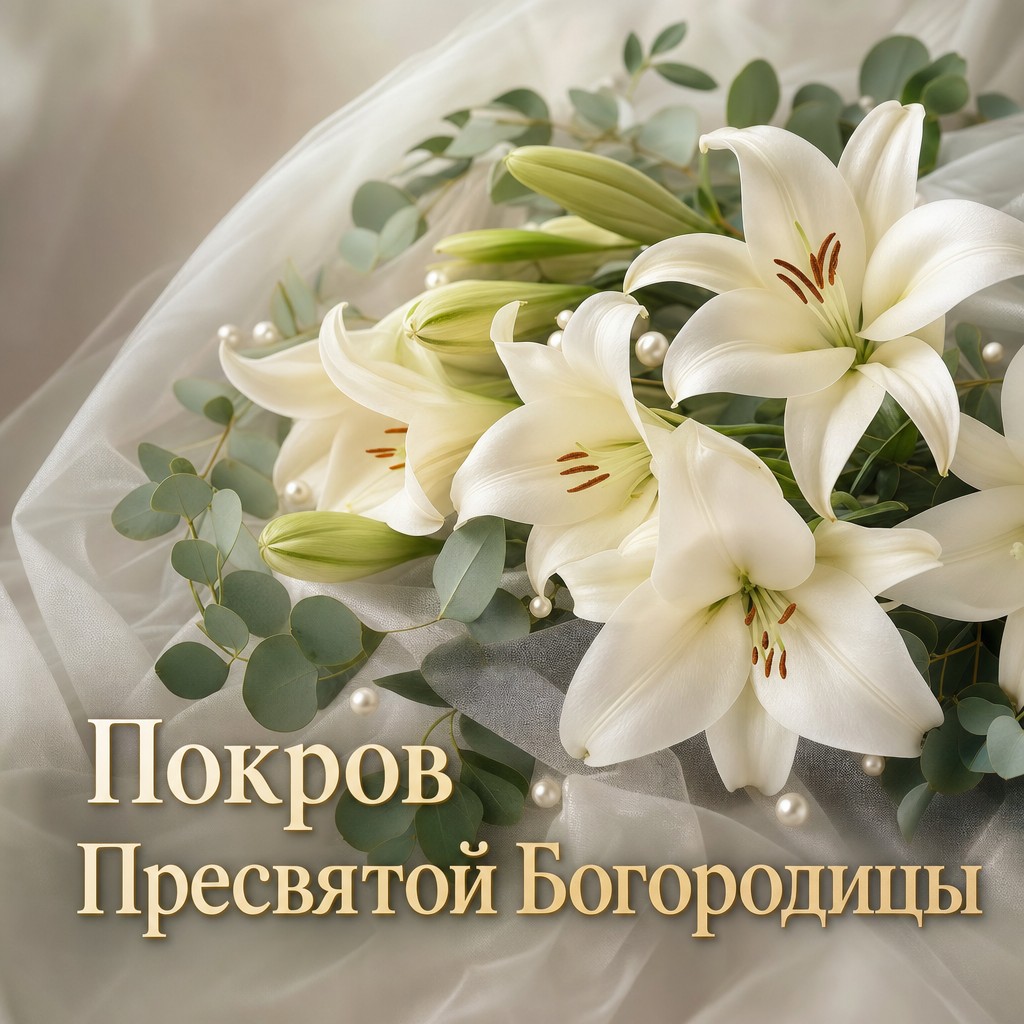 Изящная открытка на Покров Пресвятой Богородицы с белыми лилиями, жемчужным фоном и мягким светом.