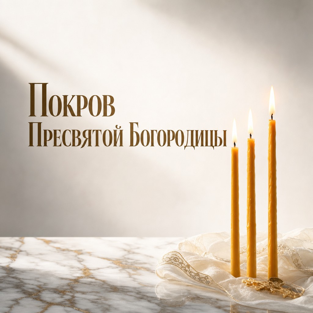 Минималистичная открытка на Покров Пресвятой Богородицы с церковными свечами и спокойным светом.