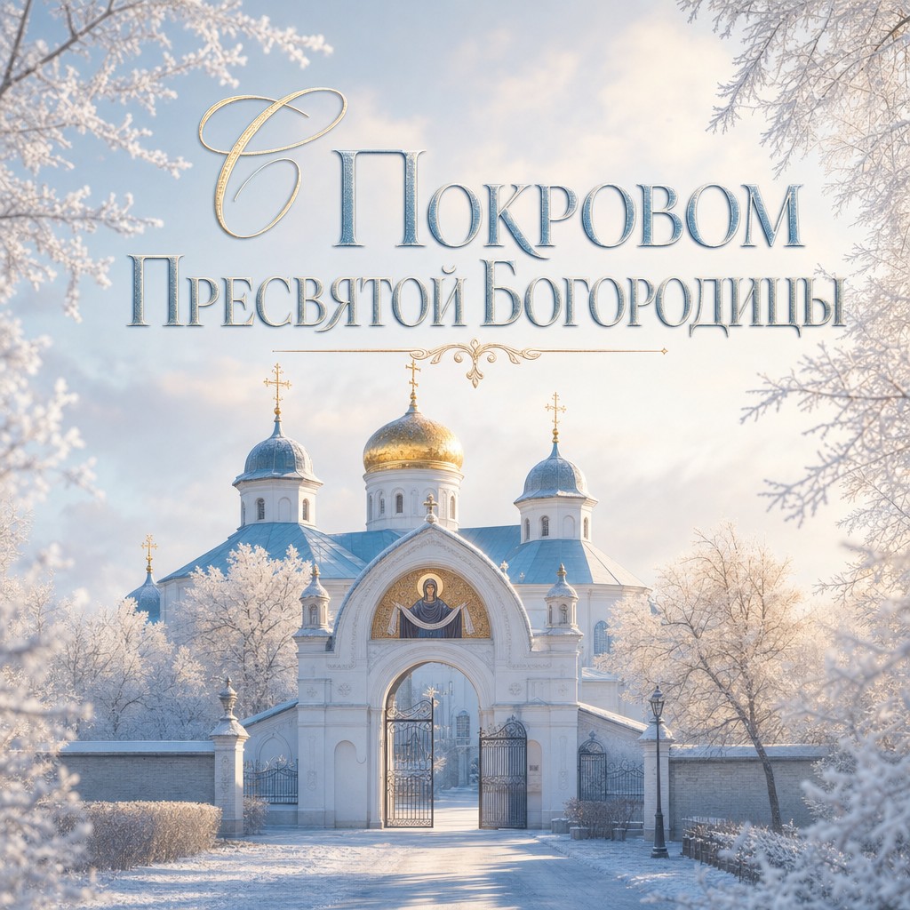 Нежная открытка на Покров Пресвятой Богородицы с монастырскими воротами, первым инеем и пастельным светом.