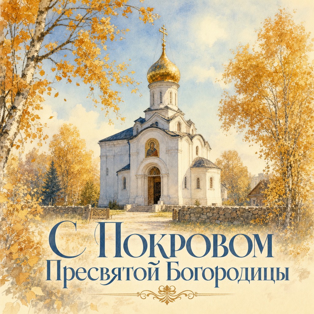 Нежная акварельная открытка на Покров Пресвятой Богородицы с белым храмом и осенними деревьями.