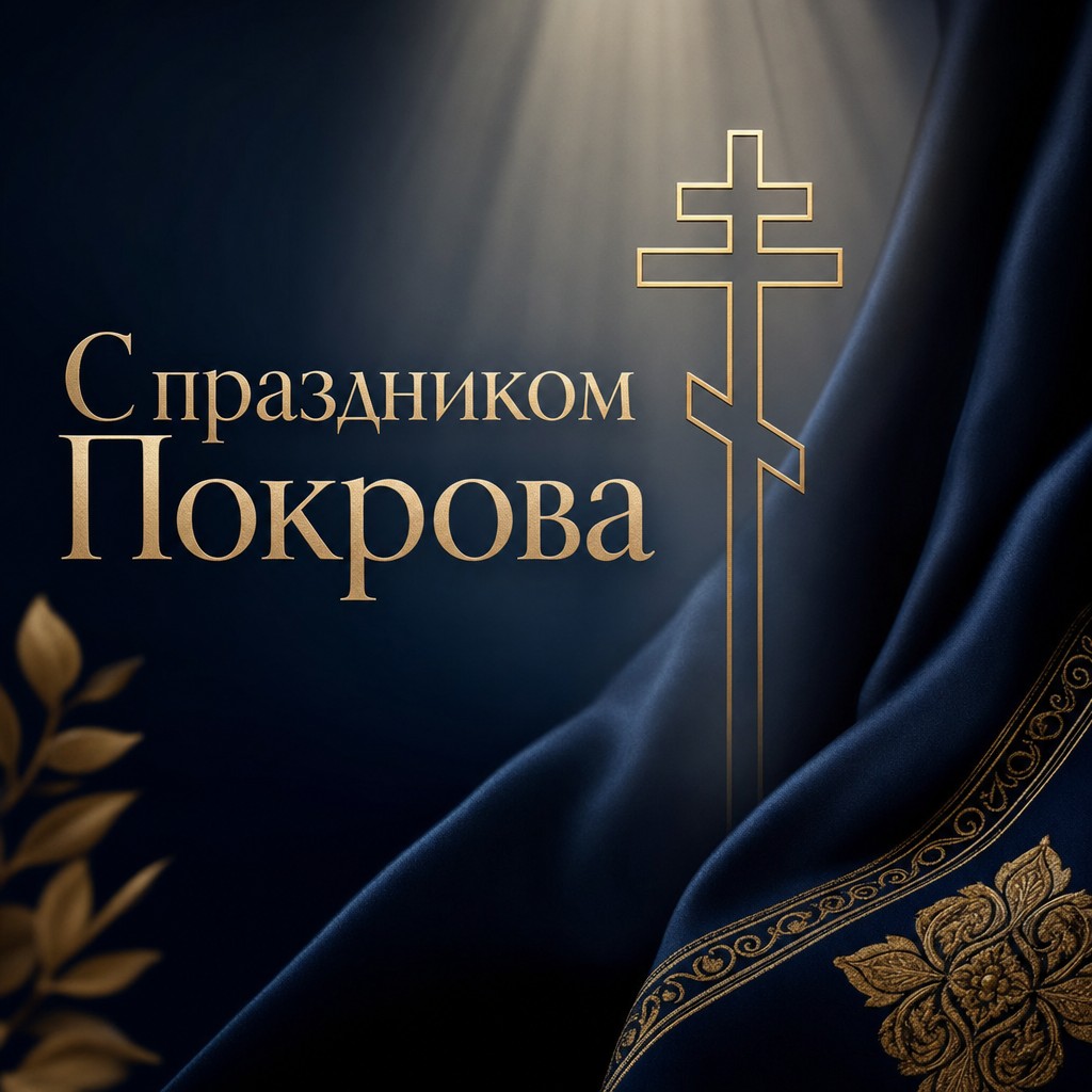Современная открытка на Покров Пресвятой Богородицы с золотым православным крестом и глубоким синим фоном.