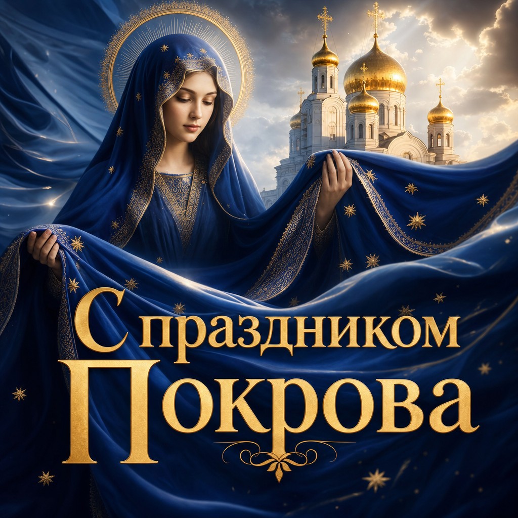 Художественная открытка на Покров Пресвятой Богородицы с синим покровом, золотыми звездами и мягким сиянием.