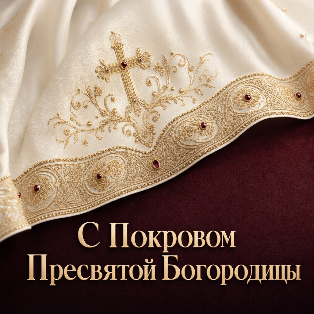 Премиальная открытка на Покров Пресвятой Богородицы с вышитым церковным покровом и золотым орнаментом.