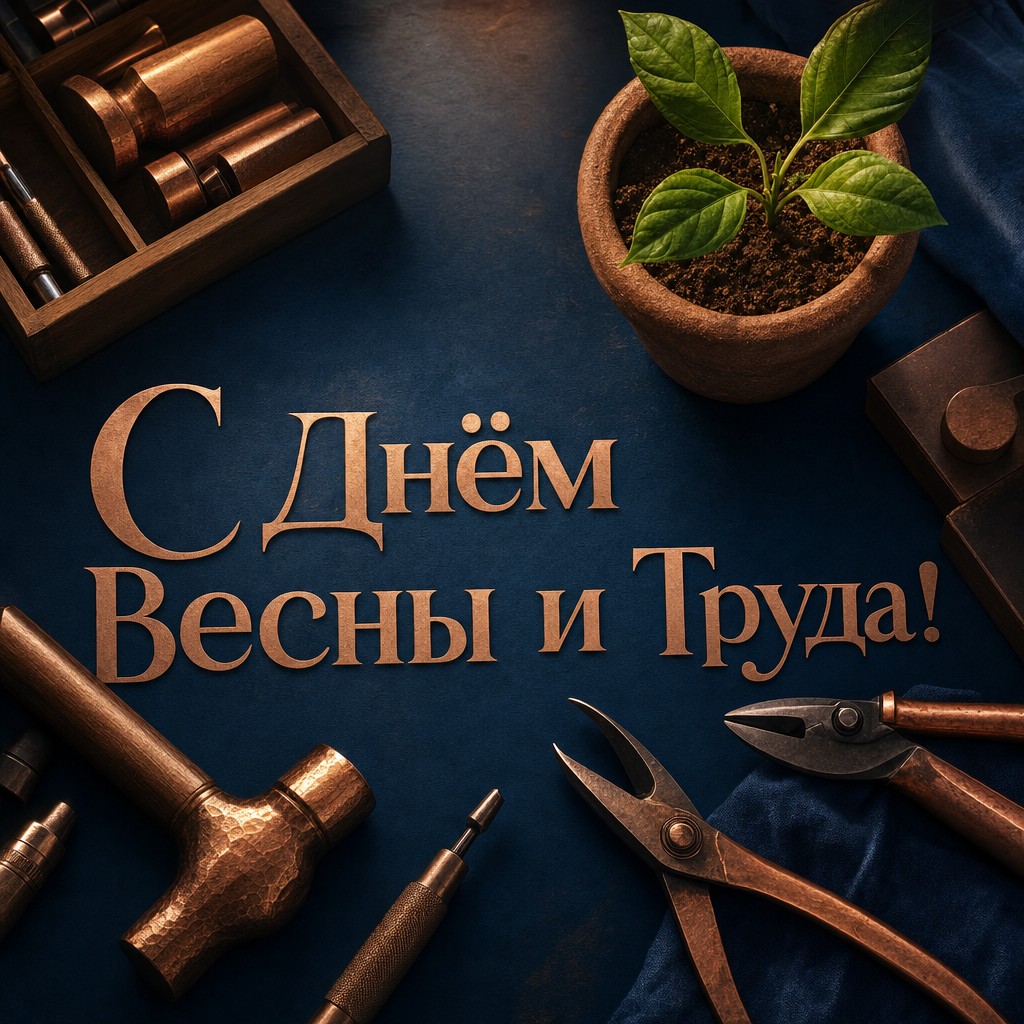 Современная открытка к 1 мая с рабочими инструментами и весенним ростком.