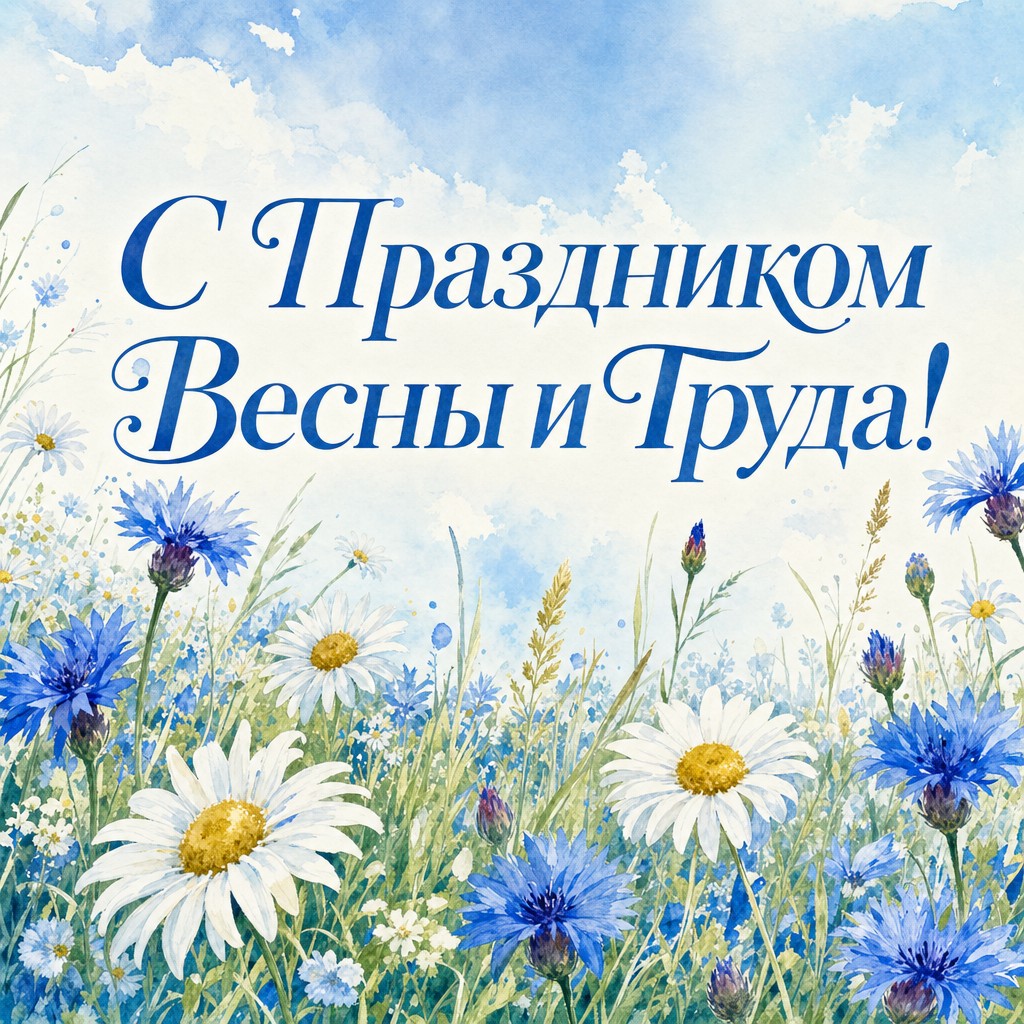 Нежная акварельная открытка к Празднику Весны и Труда с весенним лугом.