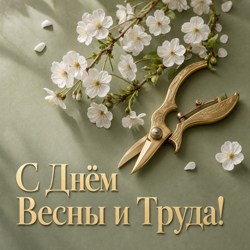 Стильная открытка к 1 мая с садовыми ножницами и цветущей веткой в премиальной палитре.