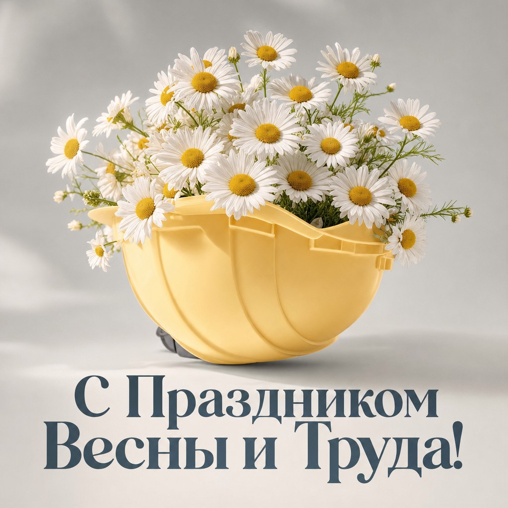 Нежная открытка к 1 мая со строительной каской, наполненной весенними ромашками.