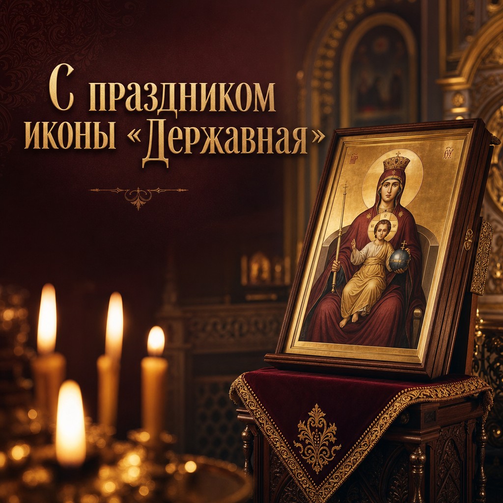 Тёплая православная открытка к Празднованию иконы Божией Матери «Державная» с образом и свечами.
