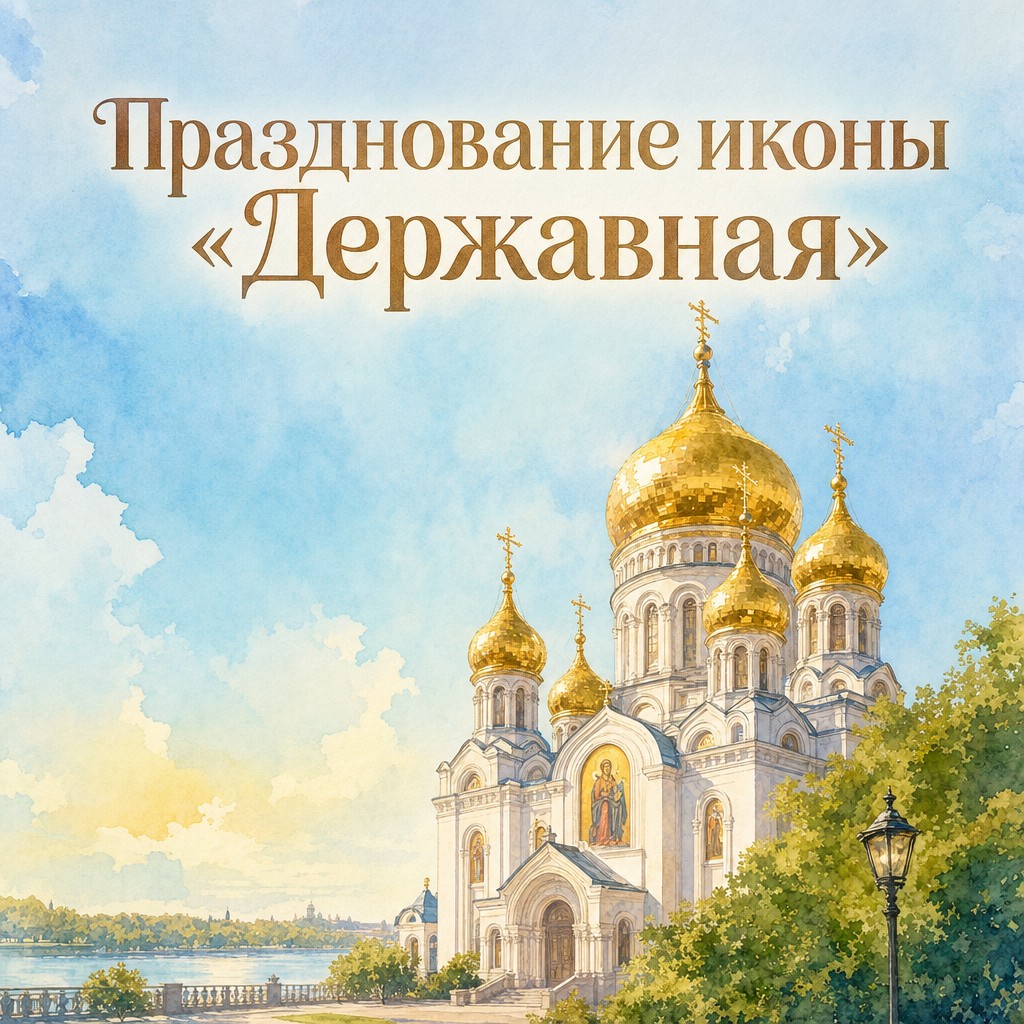 Акварельная открытка к Празднованию иконы Божией Матери «Державная» с православным храмом и золотыми куполами.
