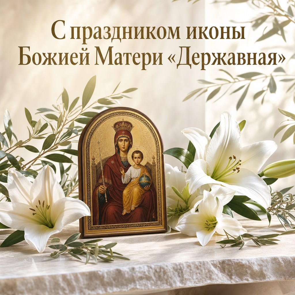 Нежная открытка к Празднованию иконы Божией Матери «Державная» с белыми лилиями и светлым фоном.