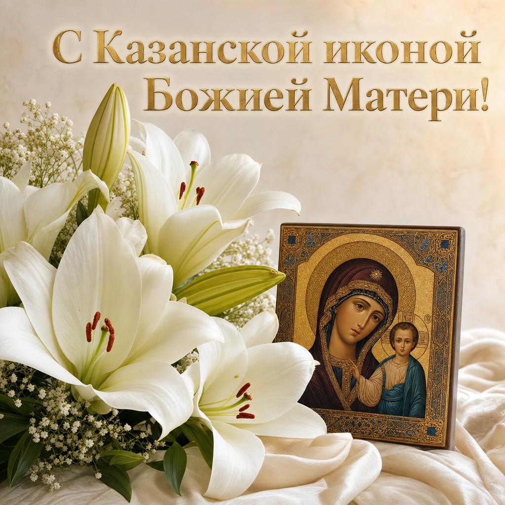 Нежная открытка к Празднованию Казанской иконы Божией Матери с белыми лилиями и светлой праздничной атмосферой.
