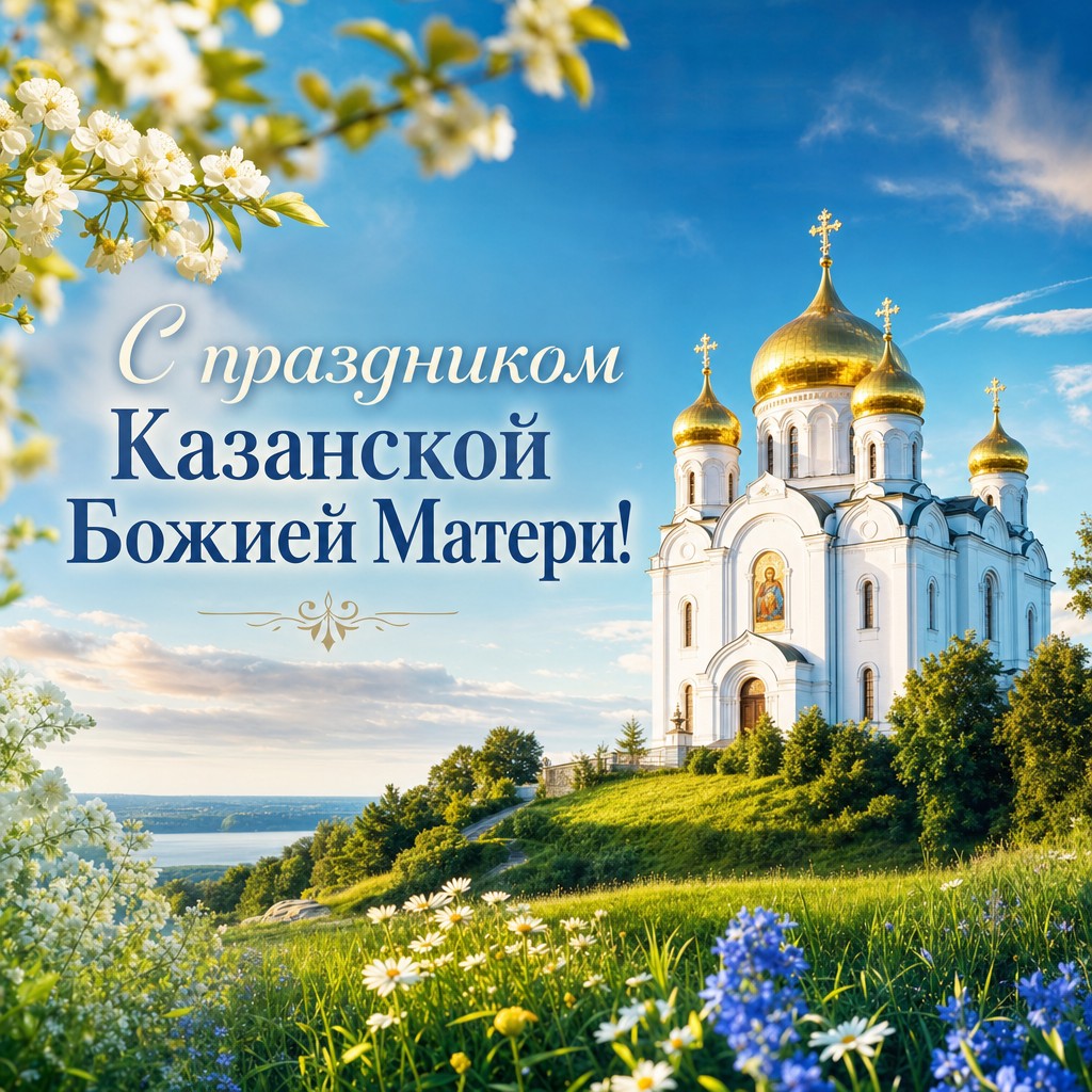 Яркая открытка к Празднованию Казанской иконы Божией Матери с белым храмом на зелёном холме.
