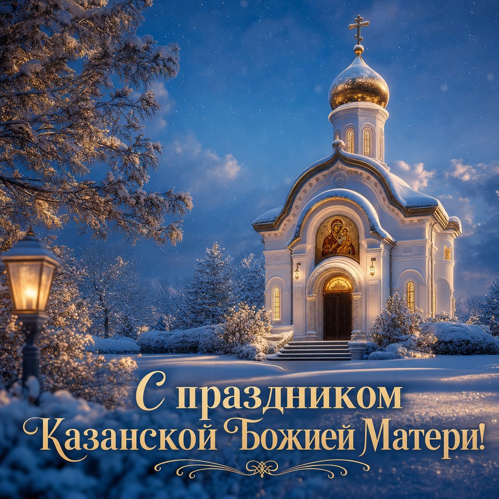 Зимняя открытка к Празднованию Казанской иконы Божией Матери с заснеженной часовней и мягким светом.