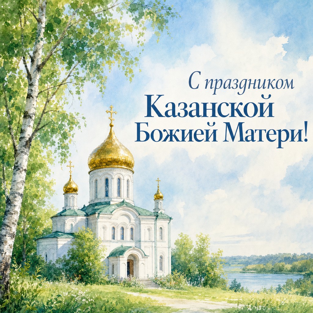 Светлая акварельная открытка к Празднованию Казанской иконы Божией Матери с храмом и берёзами.