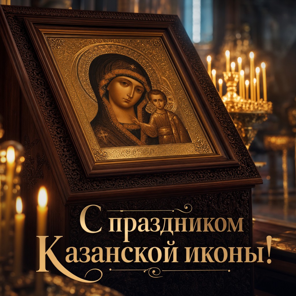 Тёплая открытка к Празднованию Казанской иконы Божией Матери с иконой, аналоями и свечным светом.