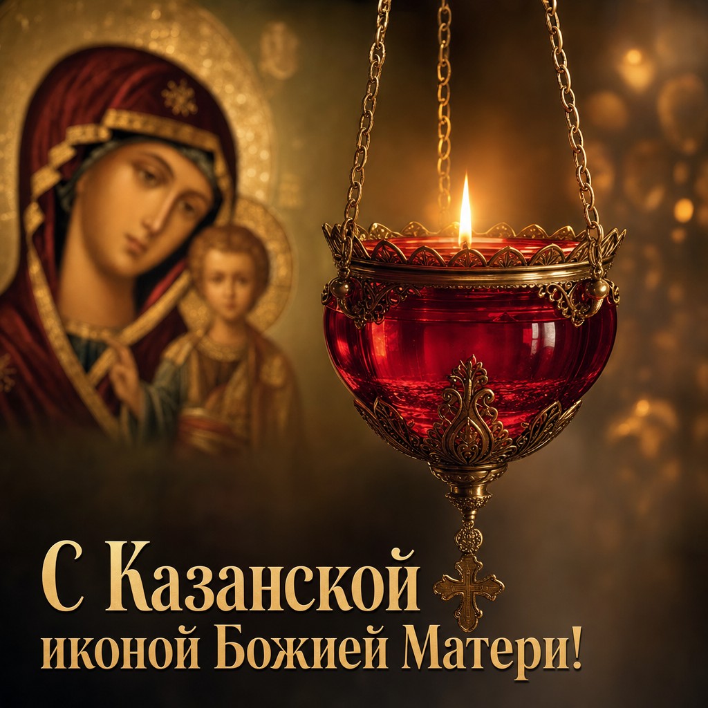 Тёплая открытка к Празднованию Казанской иконы Божией Матери с красной лампадой и мягким сиянием.