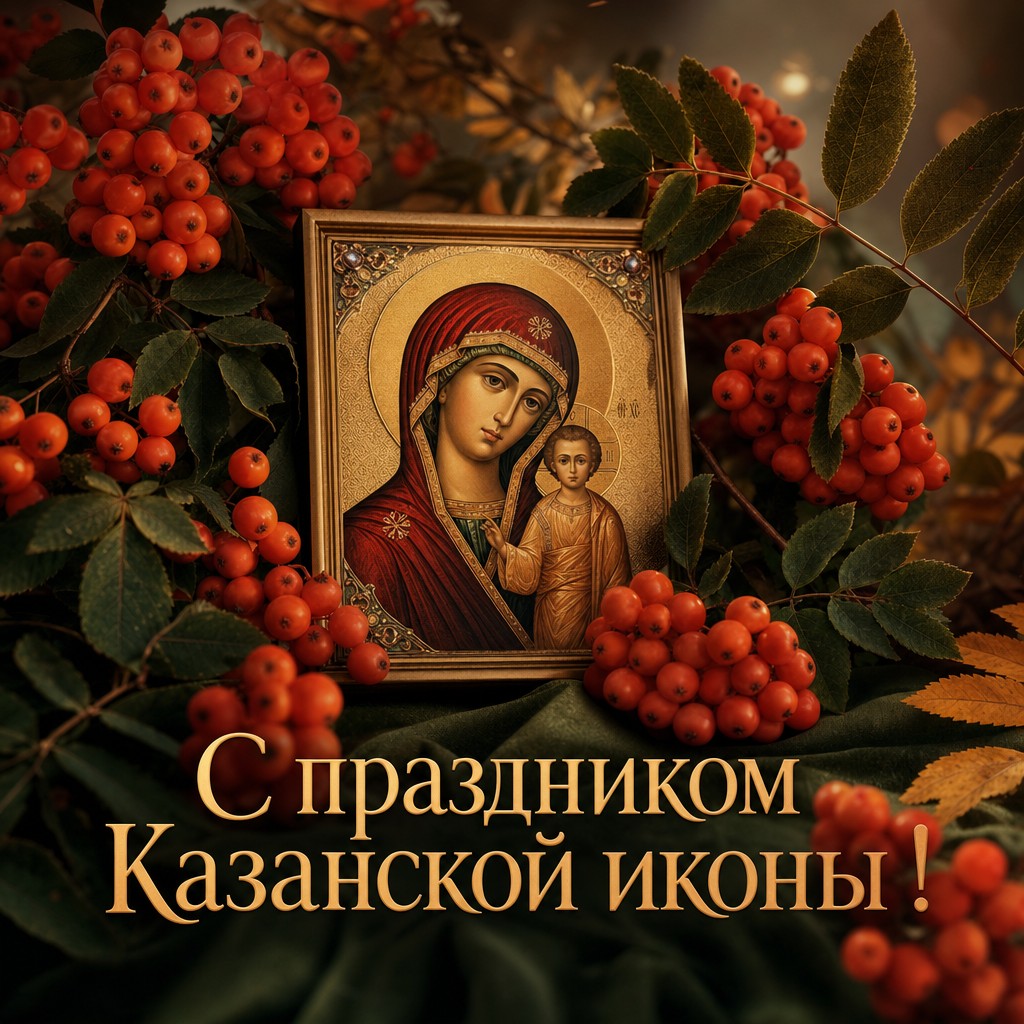 Осенняя открытка к Празднованию Казанской иконы Божией Матери с ветвями рябины и золотыми акцентами.